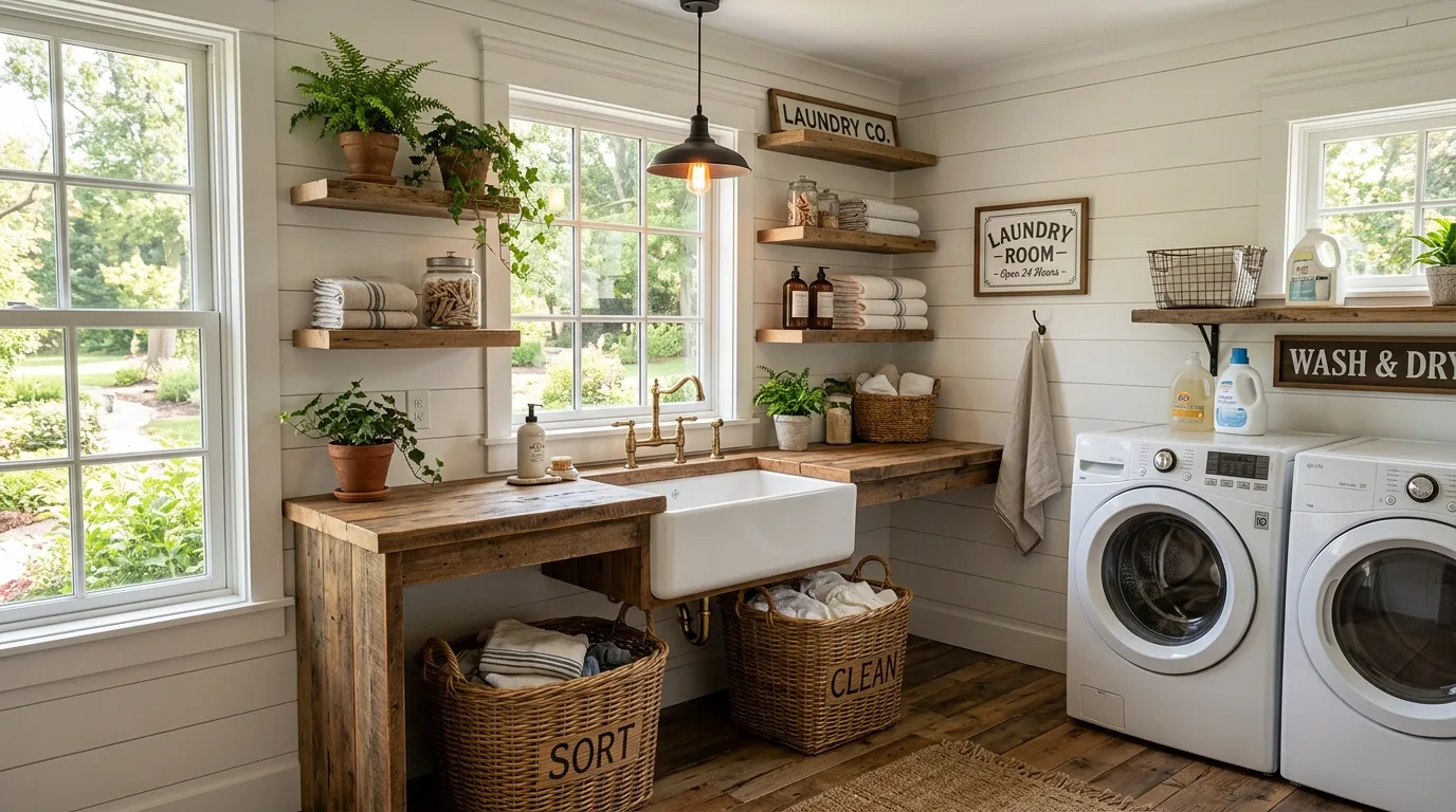 Use wall storage to free the counters inspiration for a laundry room.